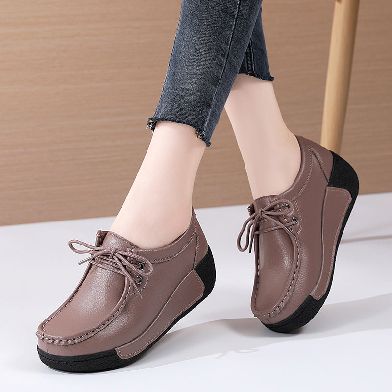 Women Cowhide Thick Sole Lace-Up Sneakers