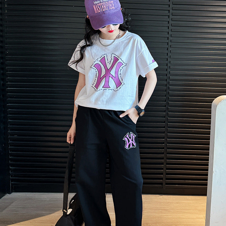 Girls Letter Straight Pants Summer Set – Baby & Children's Outfits – Image 1