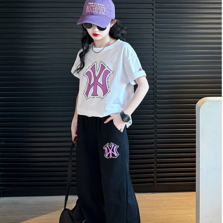 Girls Letter Straight Pants Summer Set – Baby & Children's Outfits – Image 2