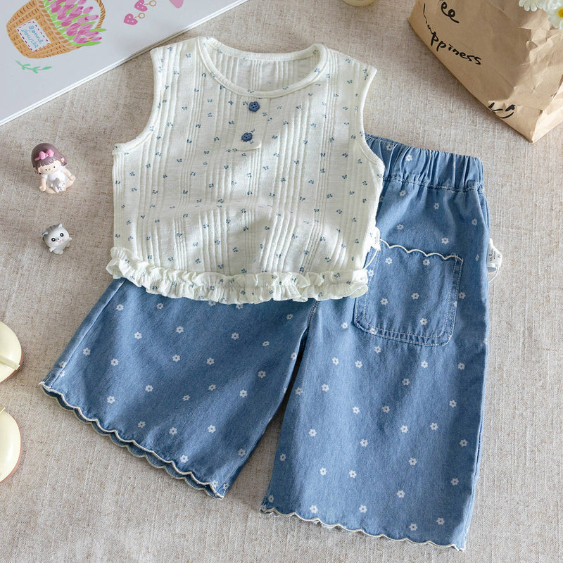 Baby Girl Floral Vest Set – Denim Two-Piece Outfit – Outfit Sets – Image 1