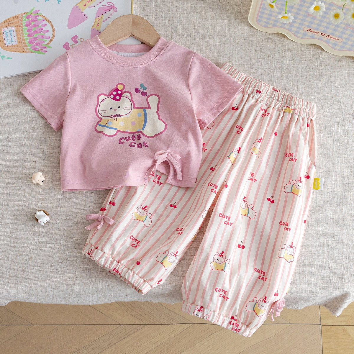 Baby Girls Cartoon Cat Summer Suit Set – Baby & Children's Outfits – Image 1