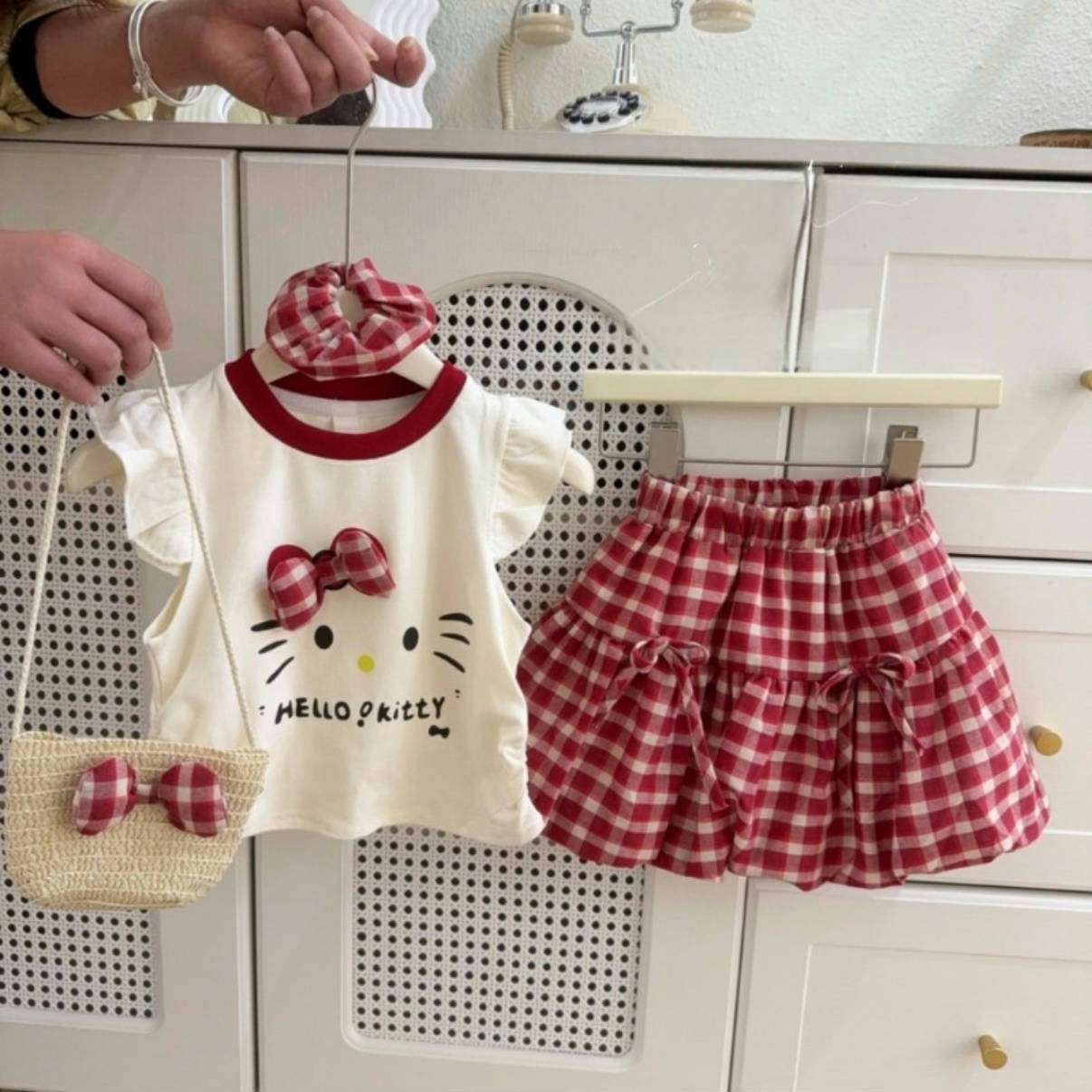 Baby Girls Cartoon T-Shirt & Plaid Flower Bud Skirt Set – Baby & Children's Outfits – Image 1