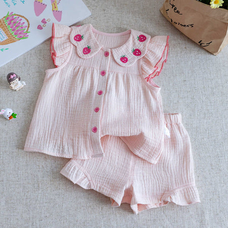 Baby Girls Korean Strawberry Lace Shirt & Shorts Set – Baby & Children's Outfits – Image 1