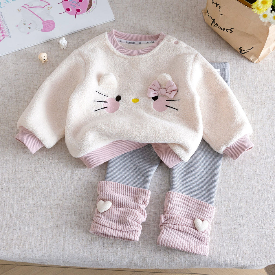 Baby Girls Cartoon Cat Fleece Winter Suit Set – Baby & Children's Outfits – Image 1