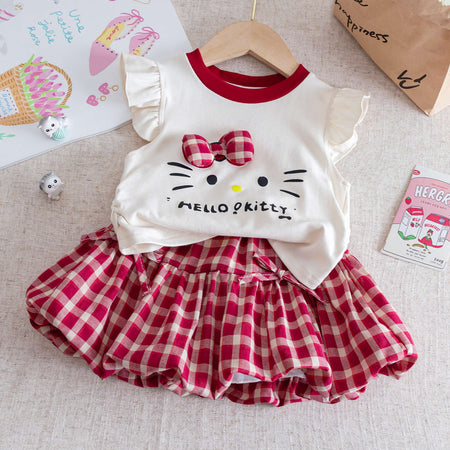 Baby Girls Cartoon Cat Top & Plaid Skirt Set – Baby & Children's Outfits – Image 1