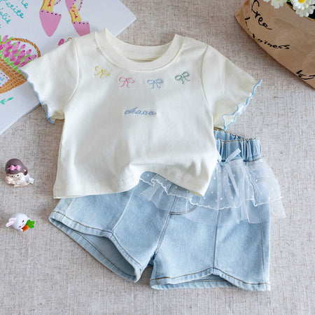 Baby Girls Korean Bow T-Shirt & Denim Shorts Set – Baby & Children's Outfits – Image 1