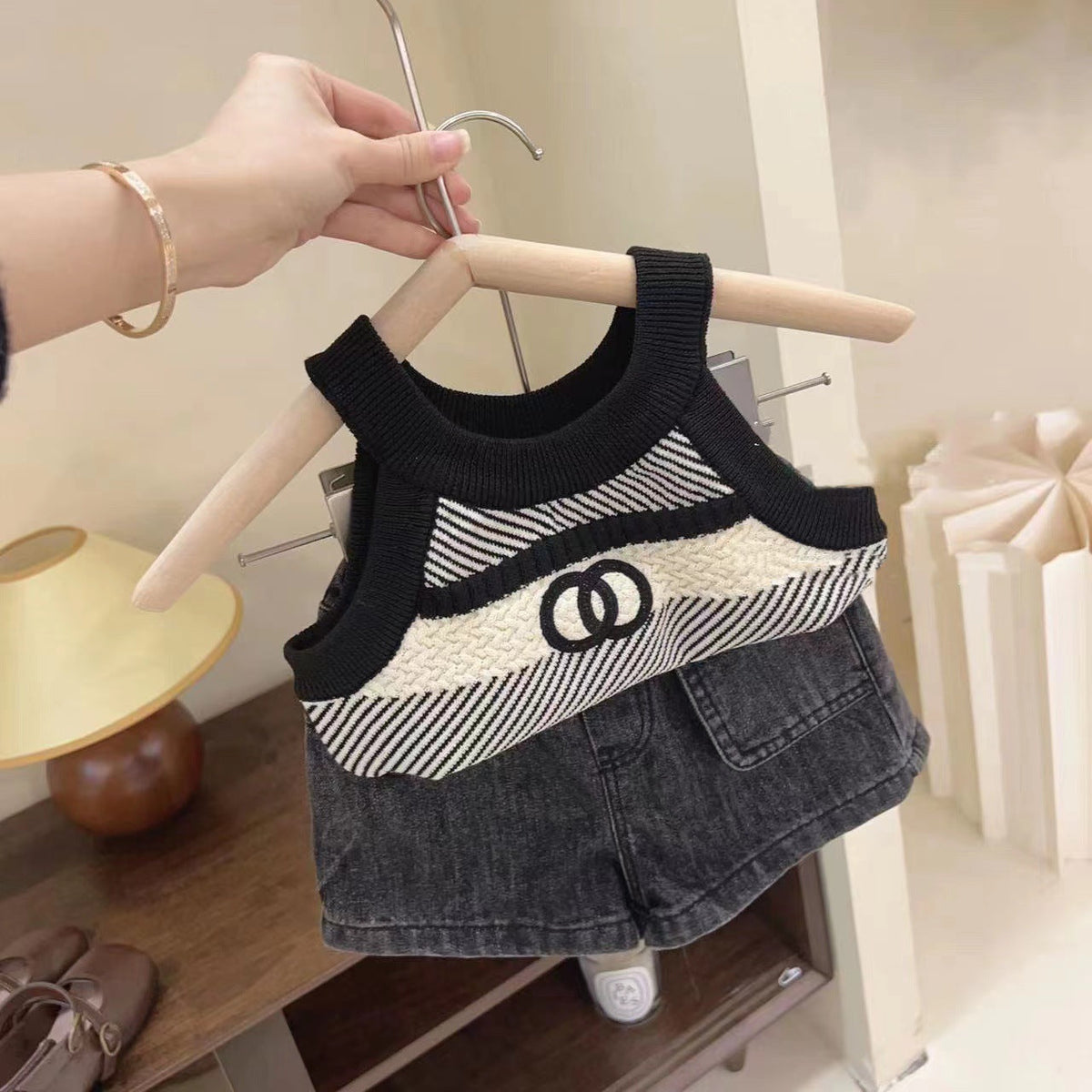 Baby Girls Striped Suspender Top & Denim Shorts Set – Baby & Children's Outfits – Image 1