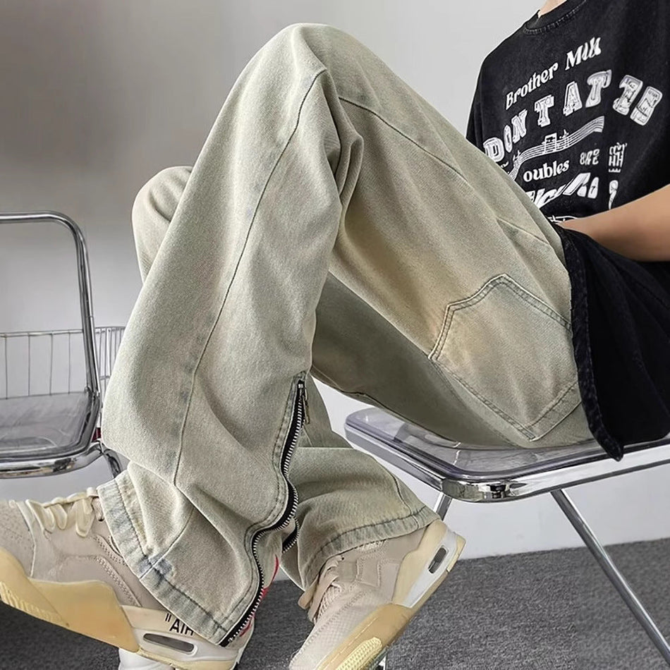 Men’s Stitching Zipper Jeans – High Street Casual Pants