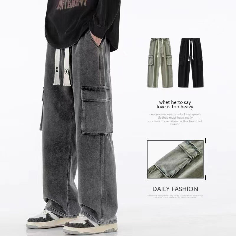 Men’s Smoke Gray Cargo Jeans – Multi-Pocket Loose Fit