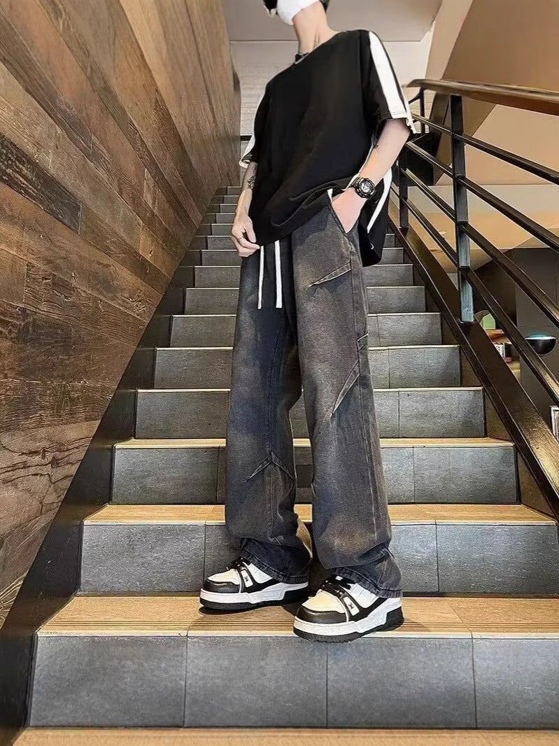 Men’s Retro Wide-Leg Jeans – Stitching Street Style