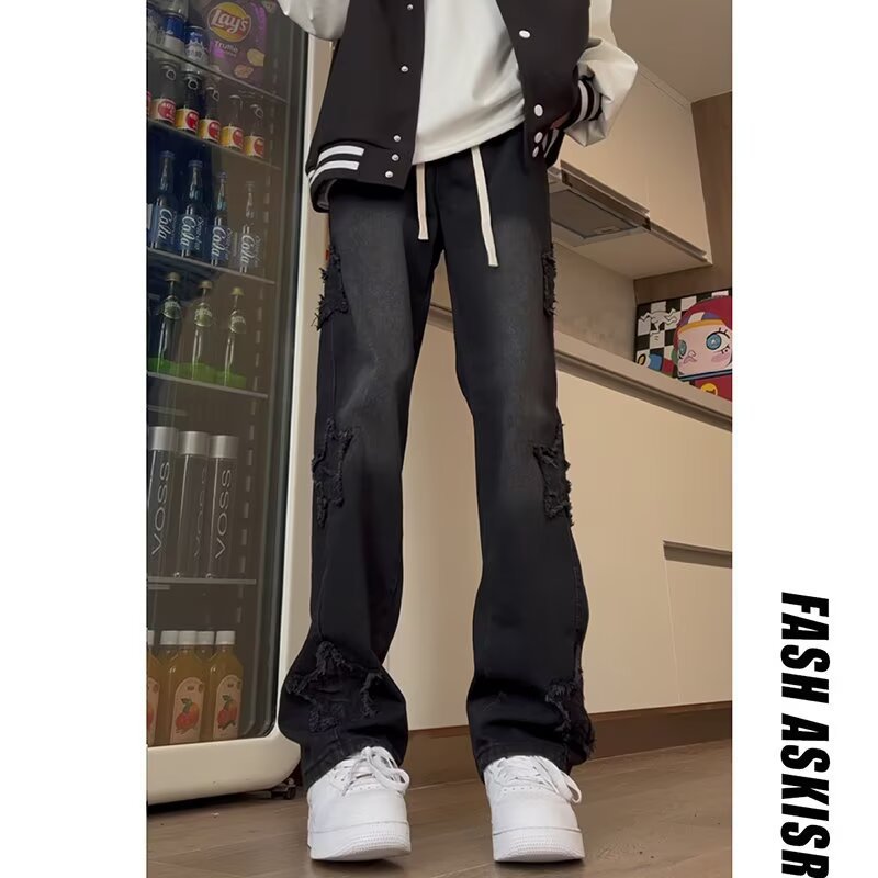 Men’s Star Embroidered Jeans – Light Blue Street Style