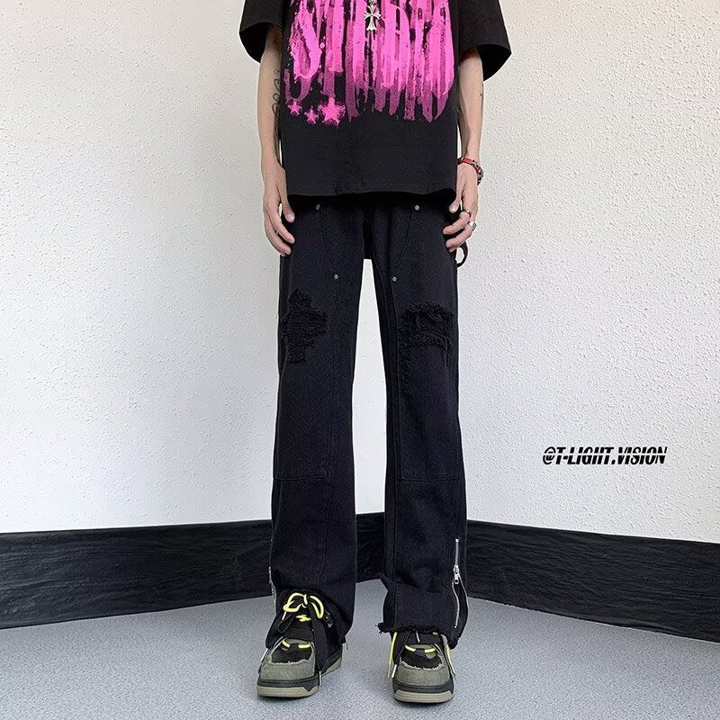 Men’s Zipper Tooling Jeans – Trendy Street Fit Pants