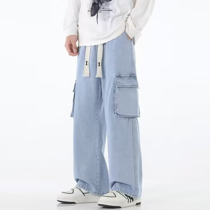 Men’s Multi-Pocket Cargo Jeans – Loose Wide-Leg Pants