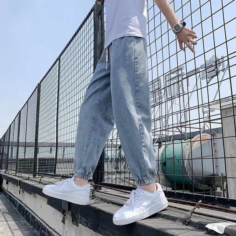 Men’s Elastic Waist Cropped Jeans – Casual Harem Style