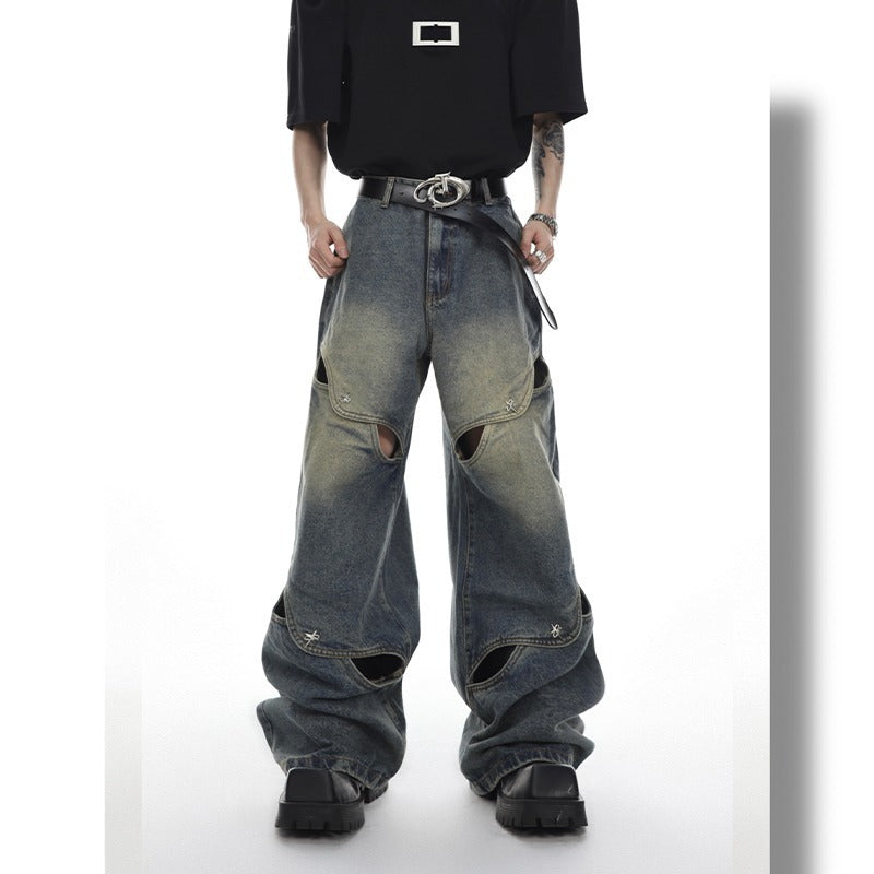 Men’s Retro Ripped Wide-Leg Jeans – High Street Style
