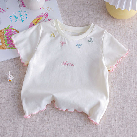 Girls Bow Embroidered T-Shirt – Stylish Summer Top – T-Shirts – Image 1