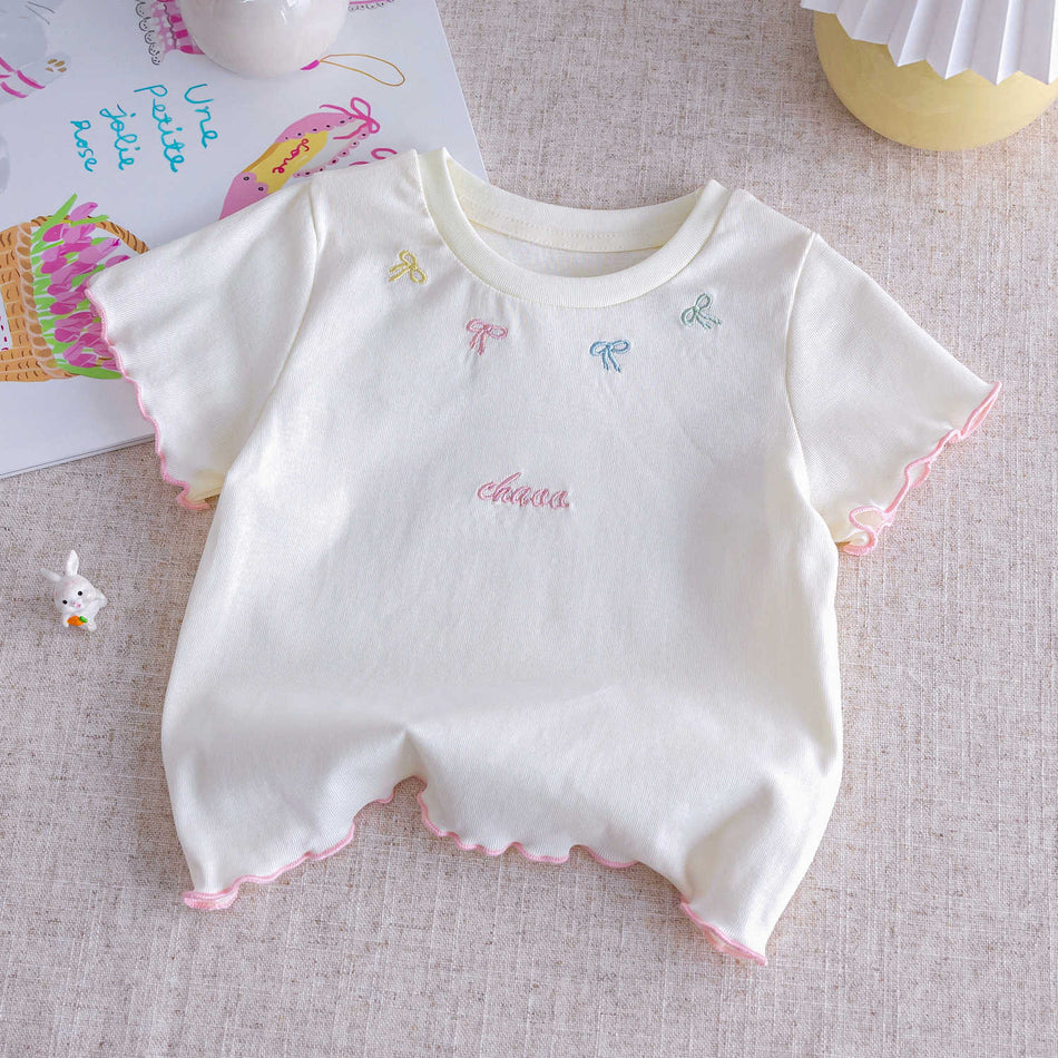 Girls Bow Embroidered T-Shirt – Stylish Summer Top – T-Shirts – Image 1