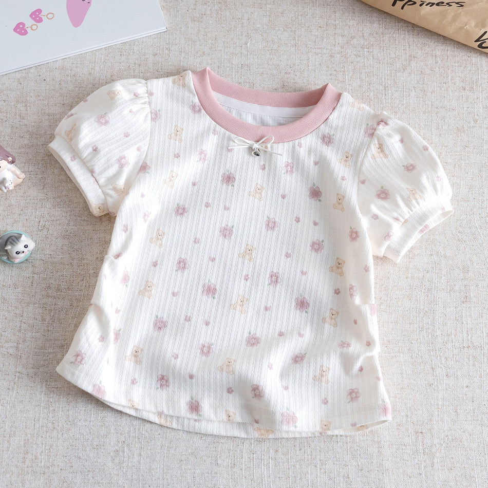 Girls Bubble Sleeve Floral T-Shirt – Cute Summer Top – T-Shirts – Image 1