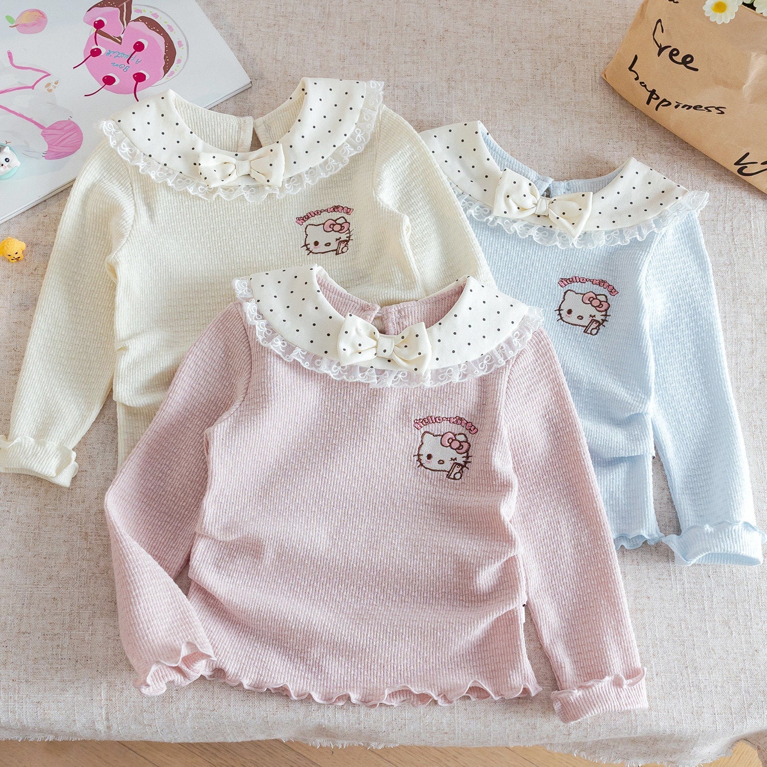 Girls Kitty Cat Long Sleeve T-Shirt – Cute Ruffle Top – T-Shirts – Image 1