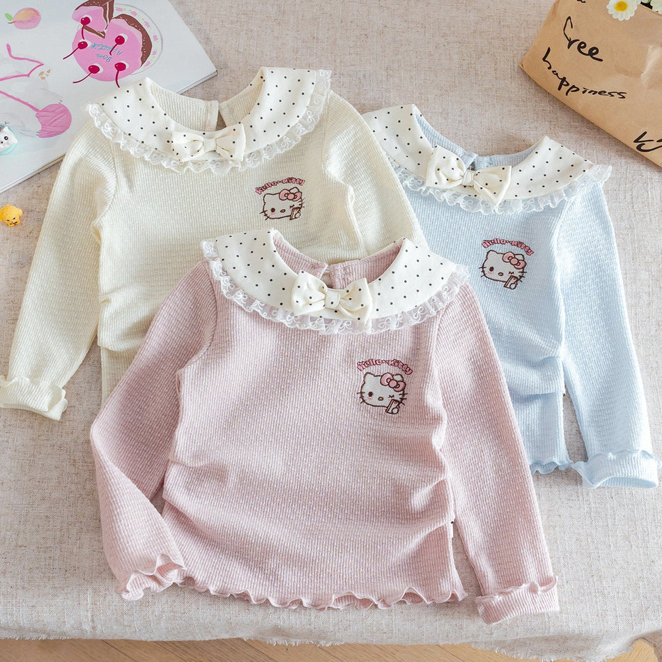 Girls Kitty Cat Long Sleeve T-Shirt – Cute Ruffle Top – T-Shirts – Image 1