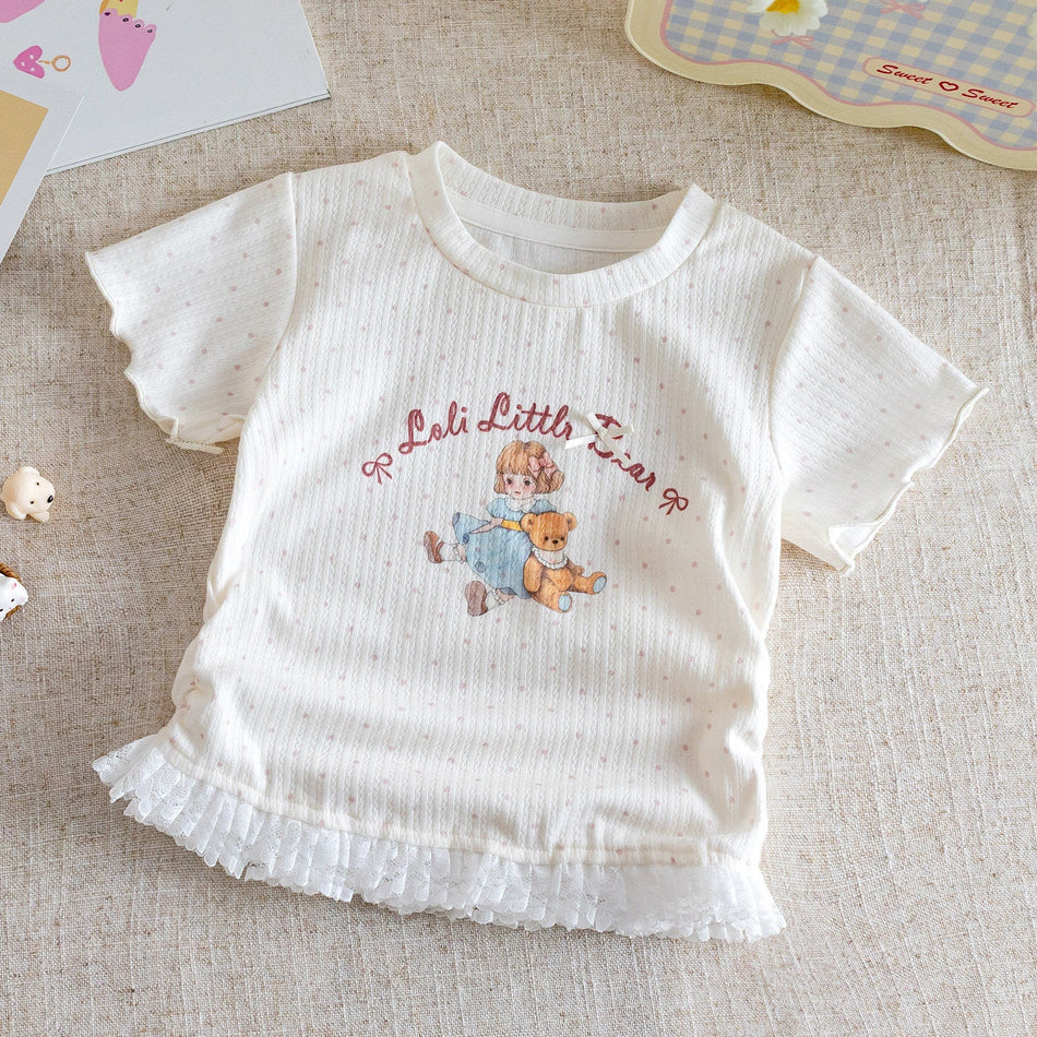 Girls Lace Polka Dot T-Shirt – Sweet Summer Top – T-Shirts – Image 1