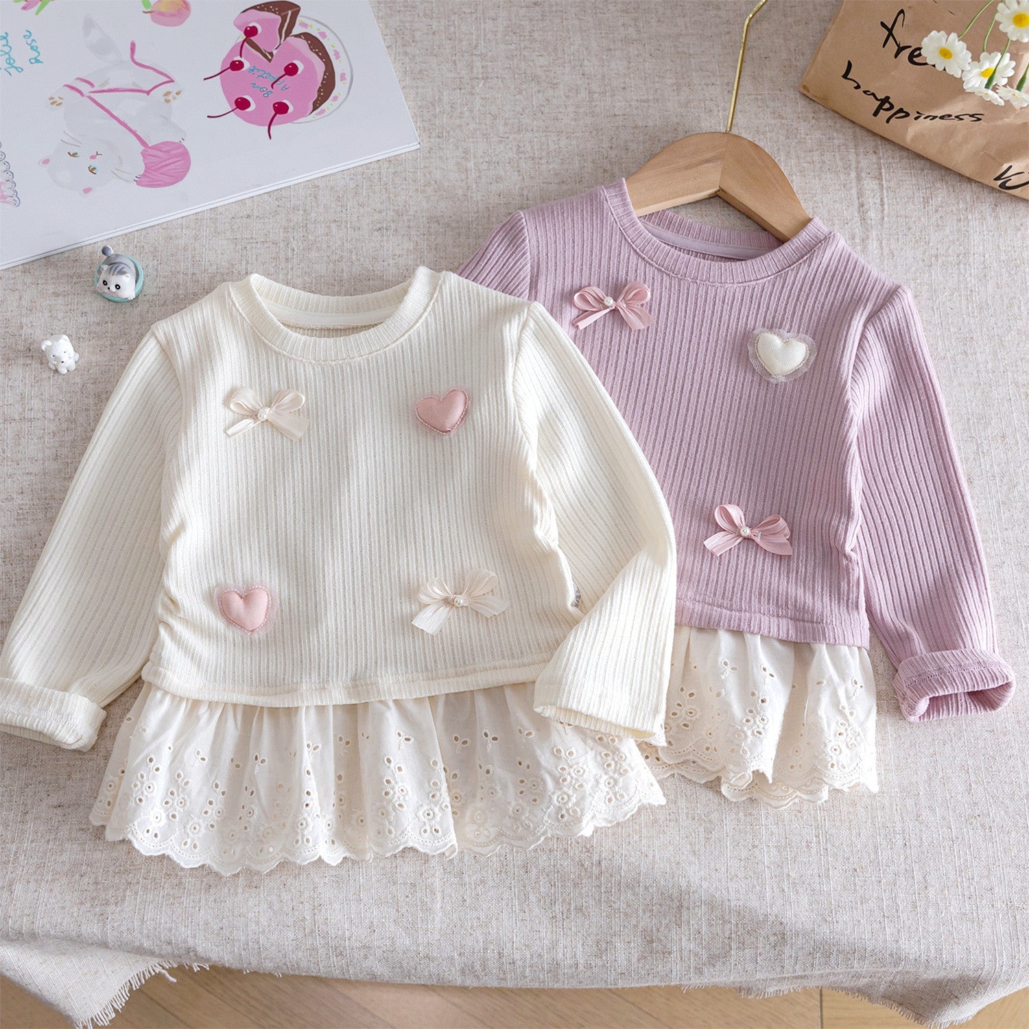 Girls Korean Bow Lace Long Sleeve Top – Sweet Style – T-Shirts – Image 1