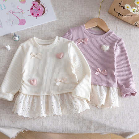 Girls Korean Bow Lace Long Sleeve Top – Sweet Style – T-Shirts – Image 1
