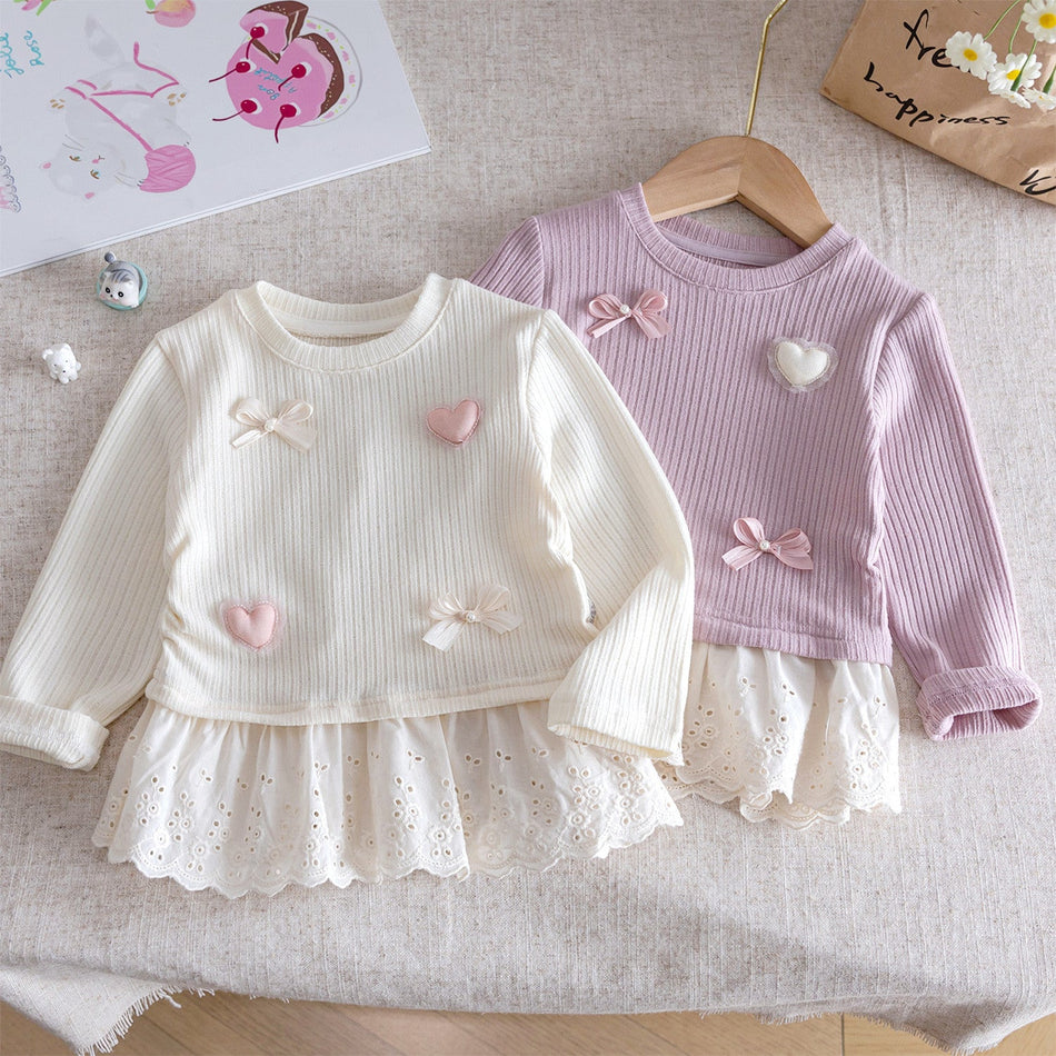 Girls Korean Bow Lace Long Sleeve Top – Sweet Style – T-Shirts – Image 1