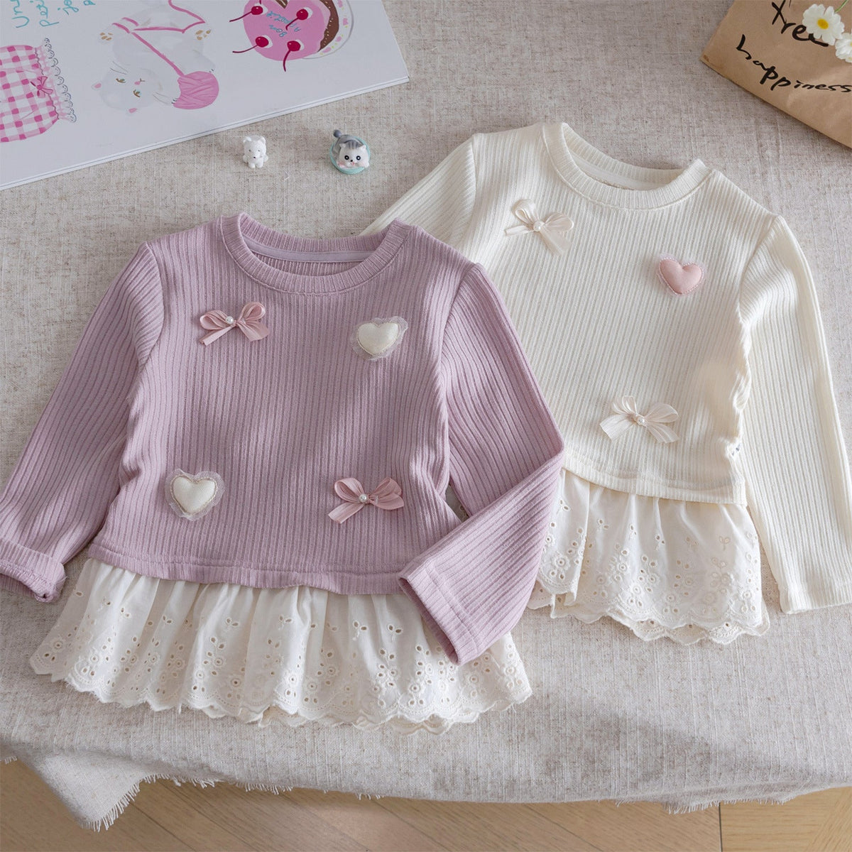 Girls Korean Bow Lace Long Sleeve Top – Sweet Style – T-Shirts – Image 2