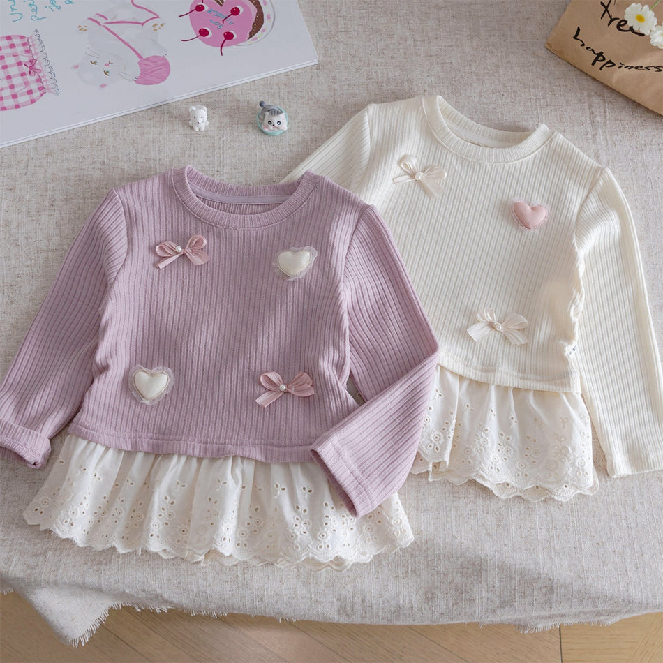 Girls Korean Bow Lace Long Sleeve Top – Sweet Style – T-Shirts – Image 2