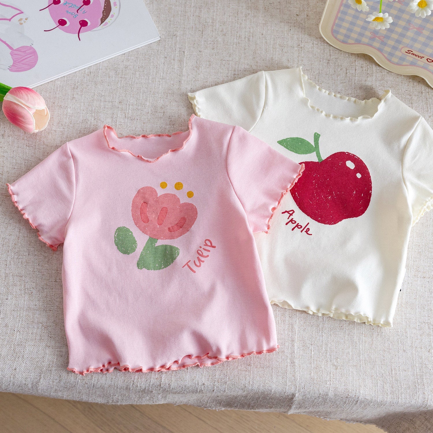 Girls Wooden Ear Floral T-Shirt – Cute Summer Cotton Top – T-Shirts – Image 1
