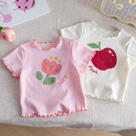Girls Wooden Ear Floral T-Shirt – Cute Summer Cotton Top – T-Shirts – Image 1