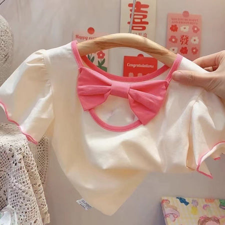 Girls Puff Sleeve Bow T-Shirt – Korean Style Top – T-Shirts – Image 2