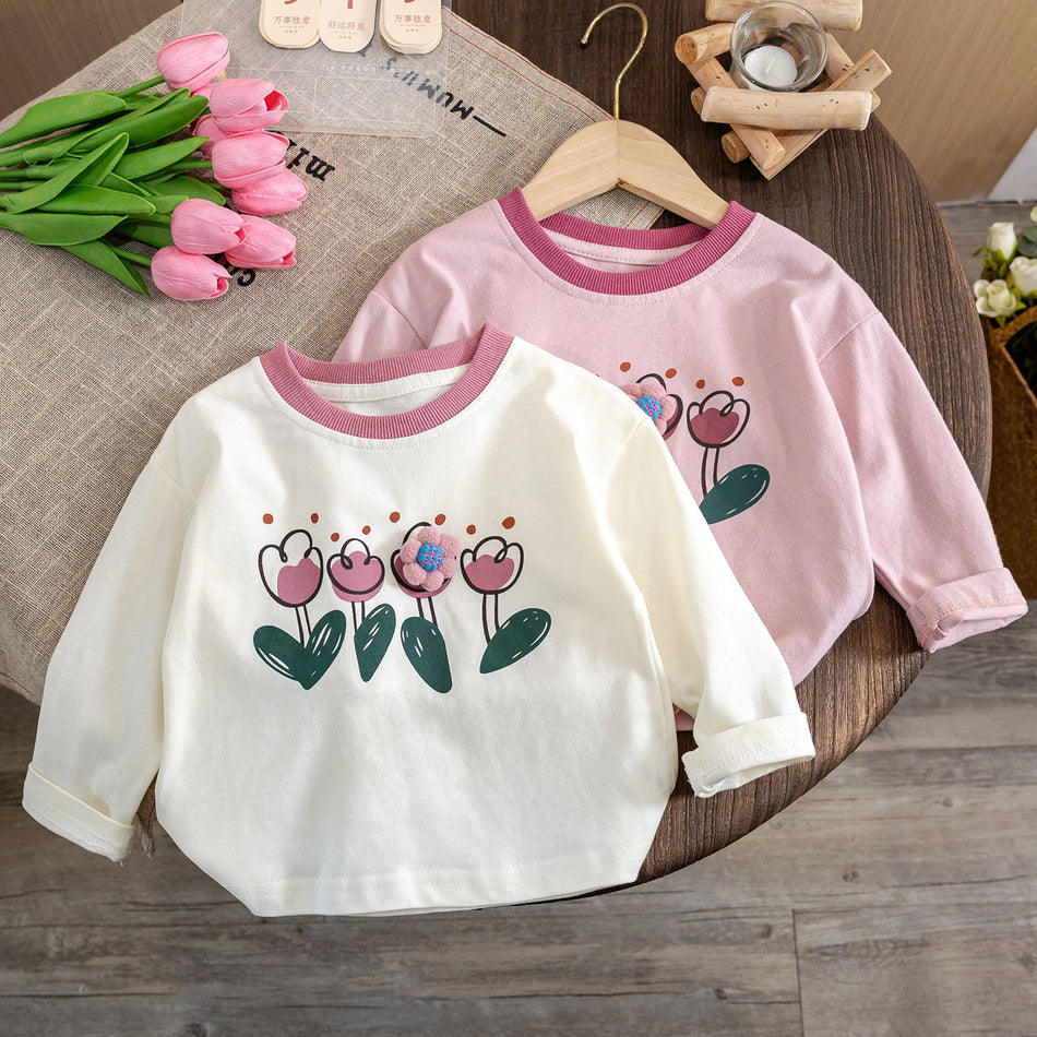 Girls Contrast Print Long Sleeve T-Shirt – Autumn Top – T-Shirts – Image 1