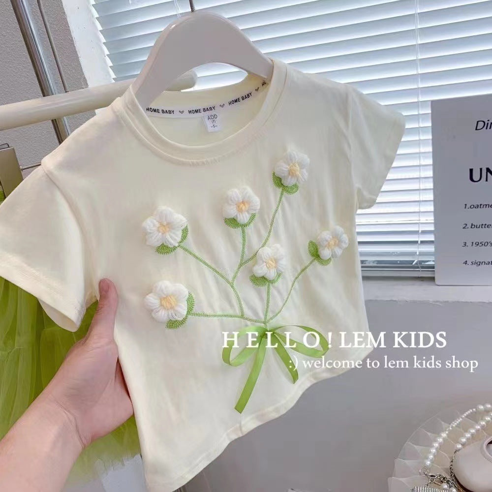 Girls 3D Flower Cotton T-Shirt – Cute Summer Top – T-Shirts – Image 1