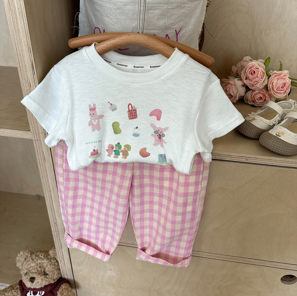 Girls Cartoon Plaid Pants Set – Cute Summer Outfit – Outfit Sets – Image 1