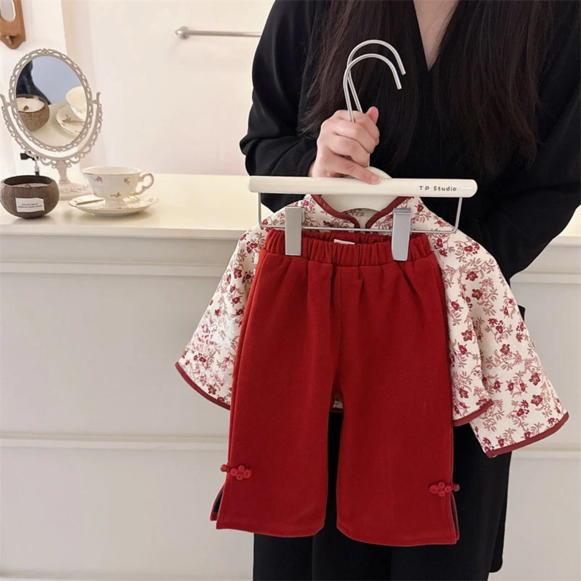 Girls Red Velvet Tang Suit – Festive Winter Outfit – Outfit Sets – Image 2