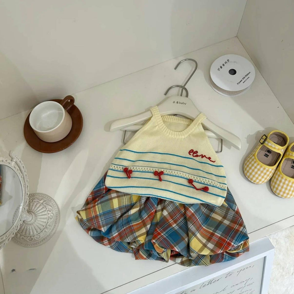 Girls Knitted Shirt & Plaid Pants Set – Korean Style Outfit – Outfit Sets – Image 1