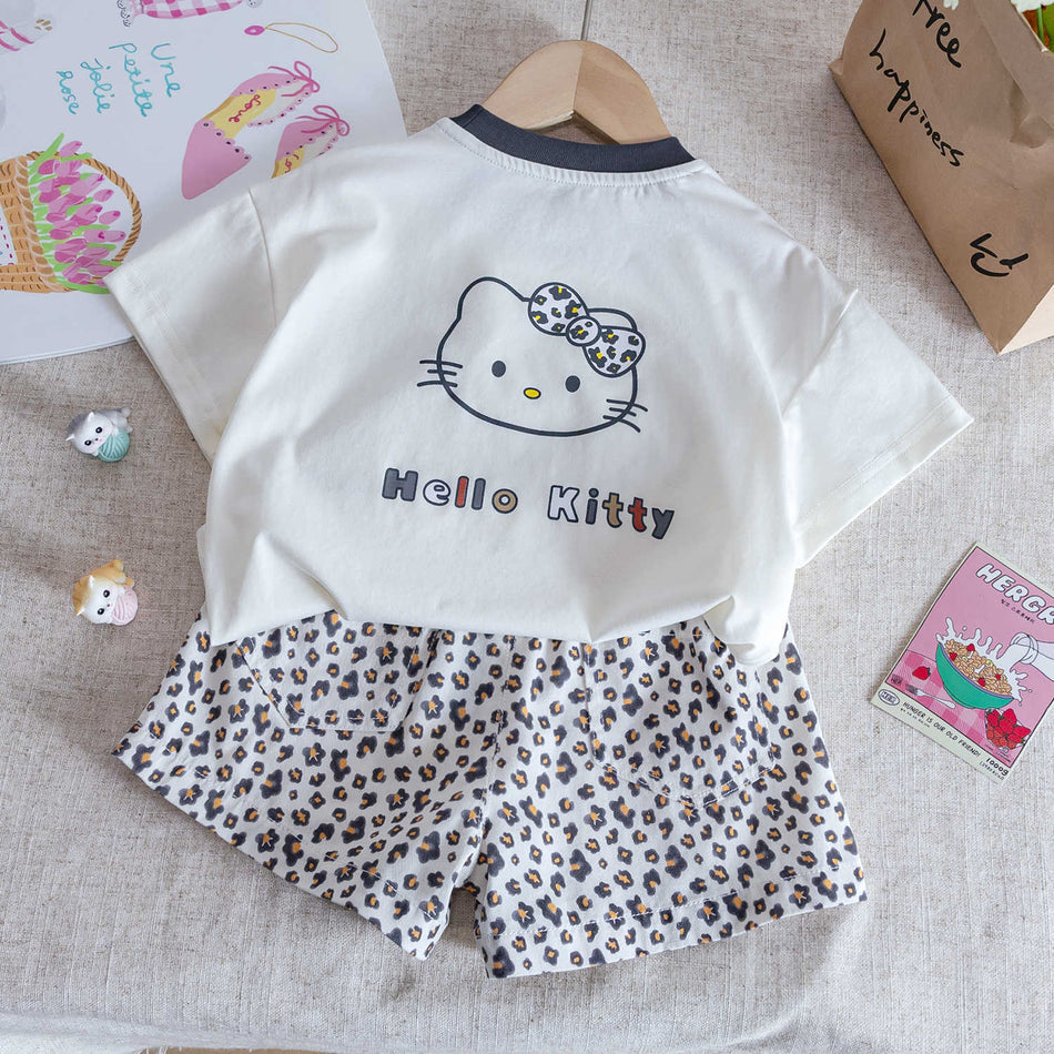 Girls Cat Print Top & Leopard Shorts – Summer Set – Outfit Sets – Image 1