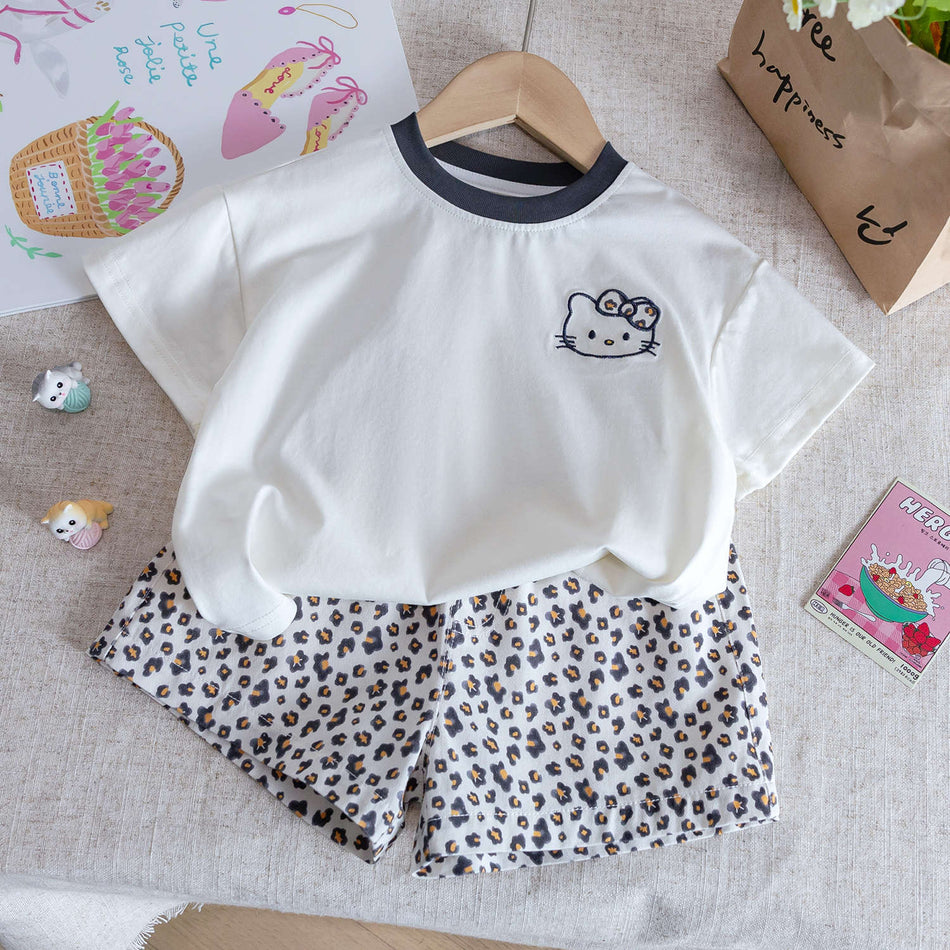 Girls Cat Print Top & Leopard Shorts – Summer Set – Outfit Sets – Image 2
