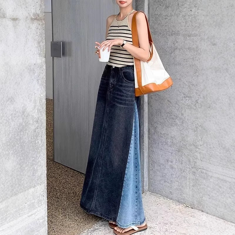 The Shadow-Contrast – Black "Spliced" Denim Midi