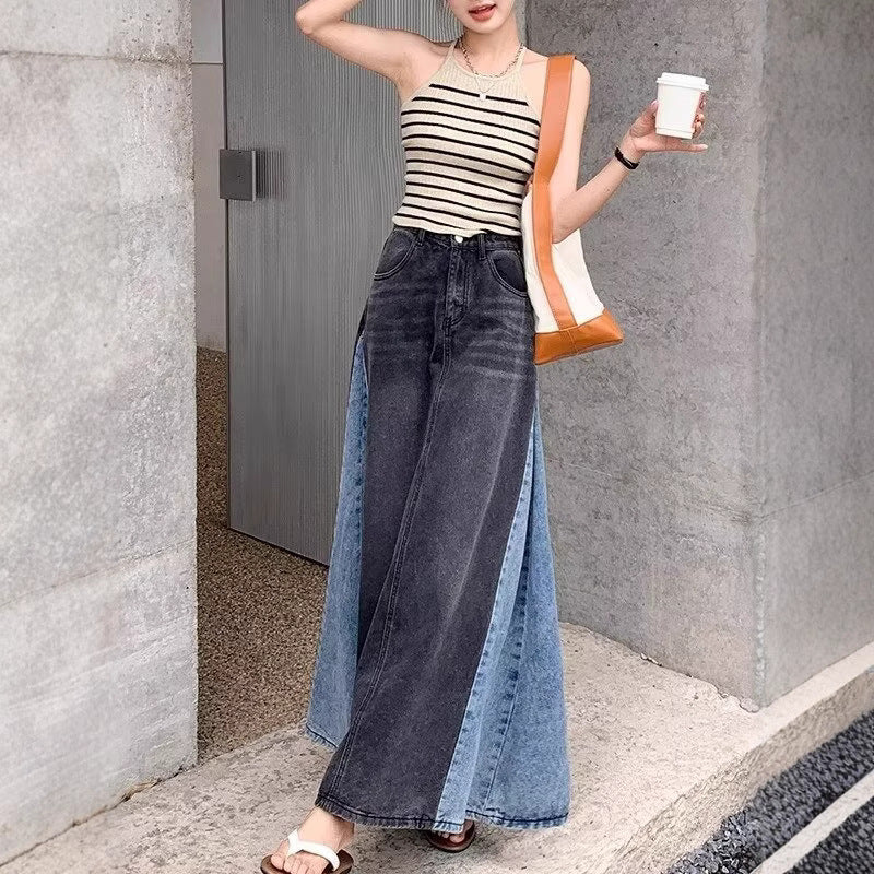 The Shadow-Contrast – Black "Spliced" Denim Midi