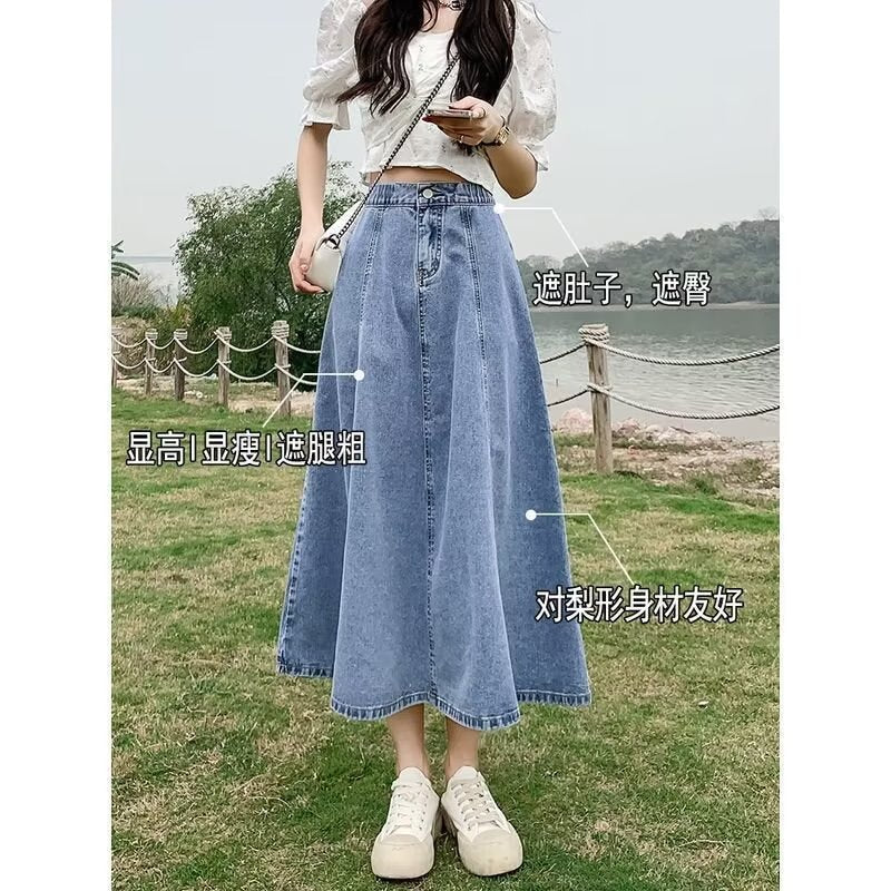 Half-Elastic High-Waist Denim Midi