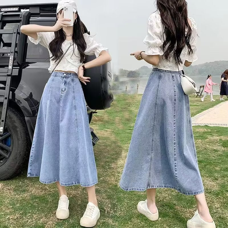 Half-Elastic High-Waist Denim Midi