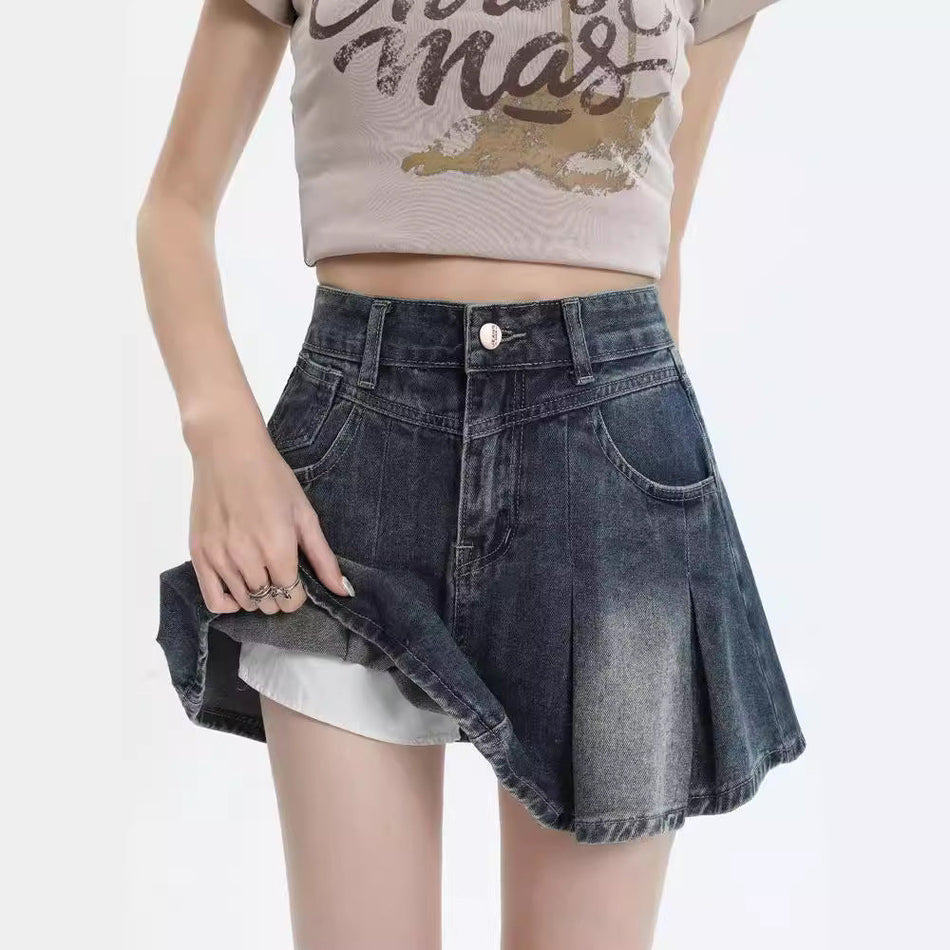American Retro Denim Pleated Skirt