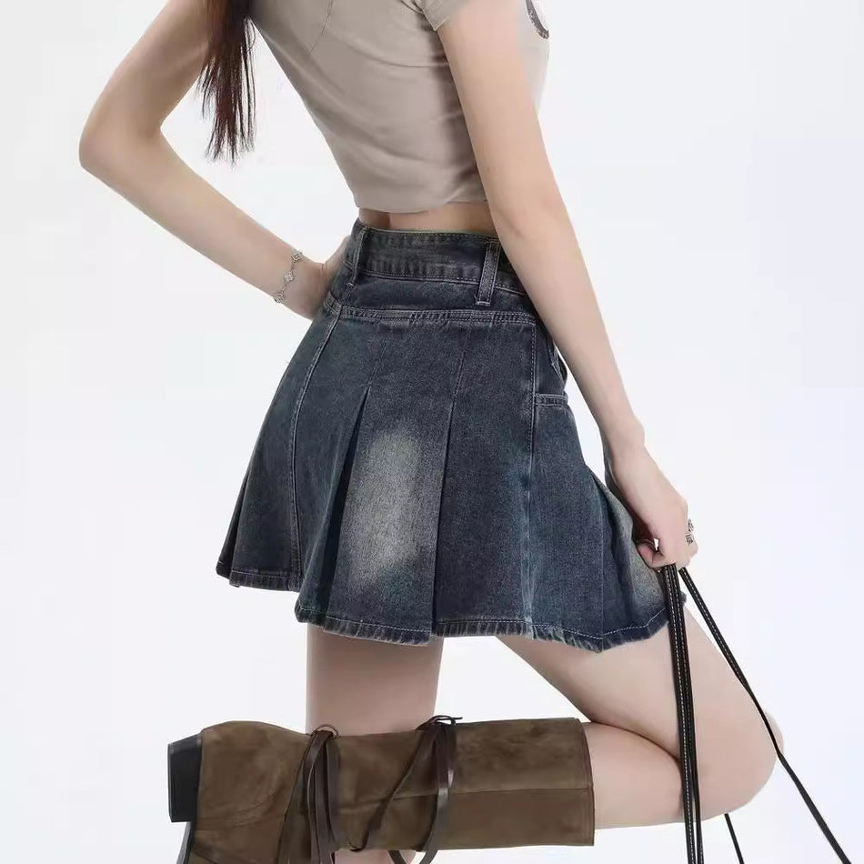 American Retro Denim Pleated Skirt