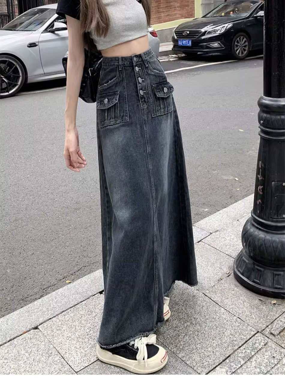 "Niche" Single-Breasted Denim Midi