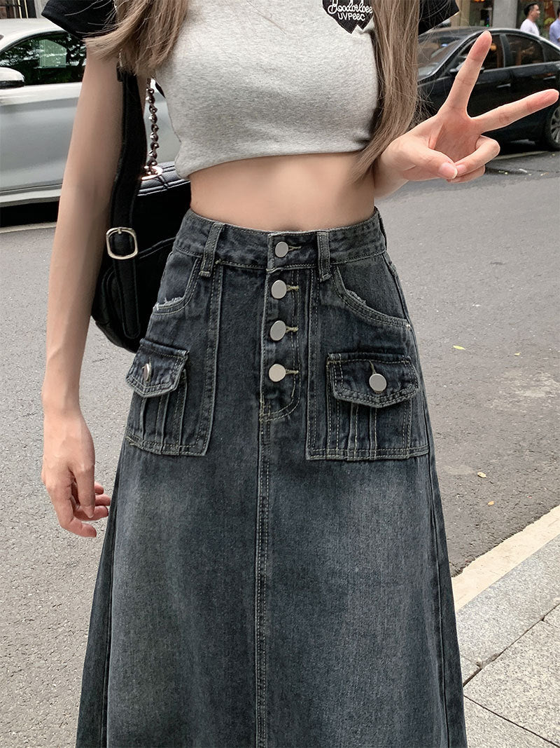 "Niche" Single-Breasted Denim Midi