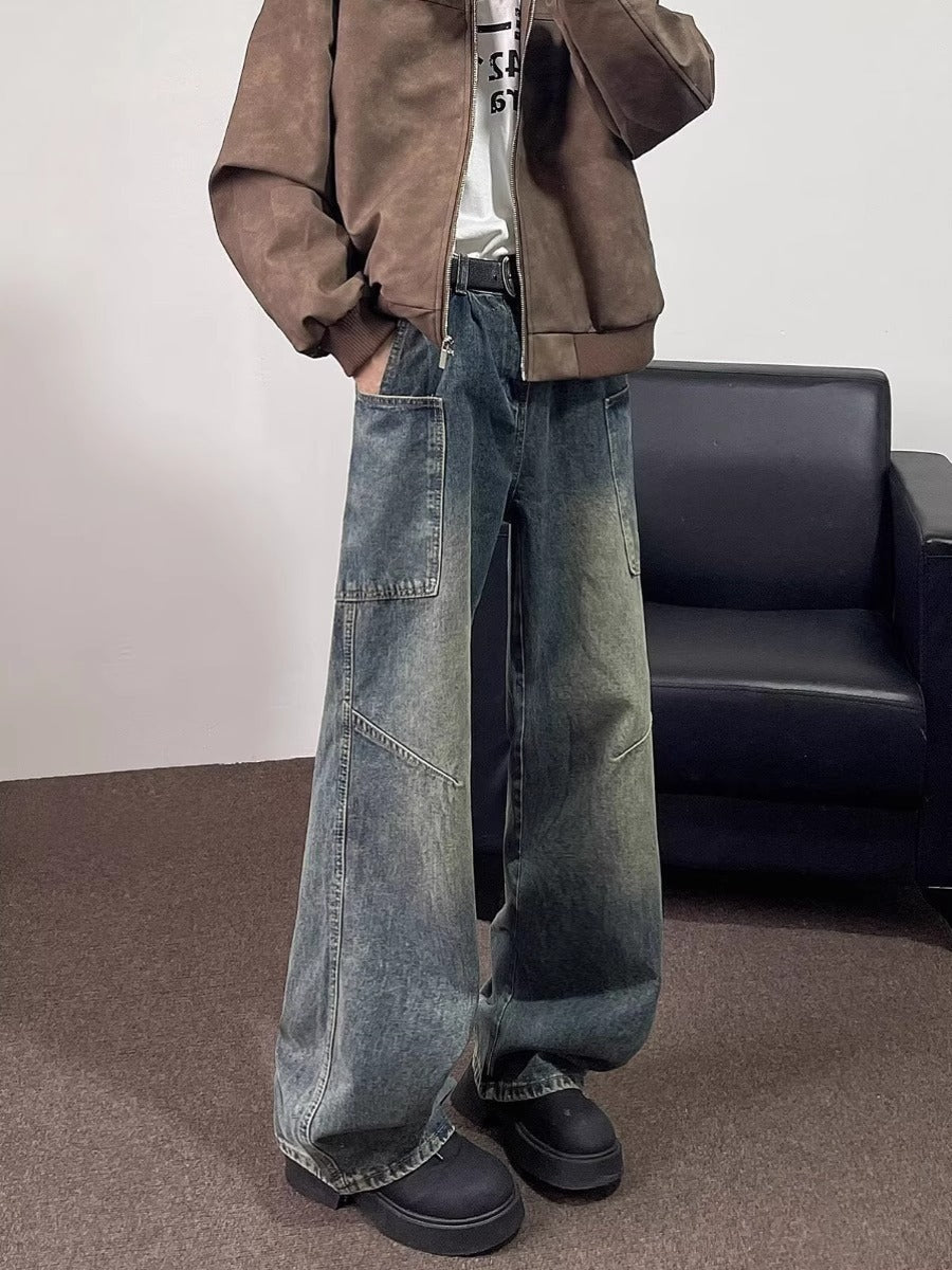 Men’s Washed Distressed Wide-Leg Jeans – Summer Style