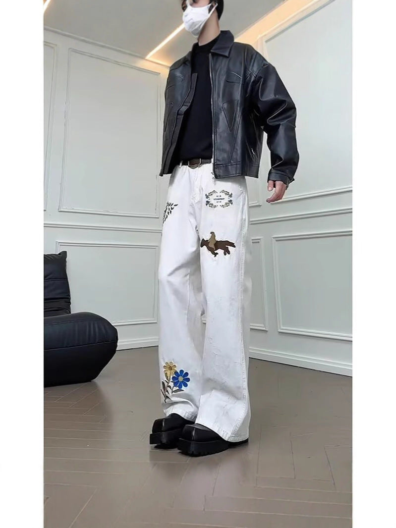 Unisex White Embroidered Loose Street Jeans